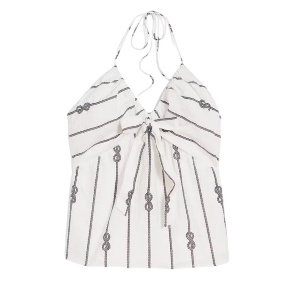 Neutral Halter Top White 6 Nautical Rope Flowy Coastal Resort Preppy Chic Artsy